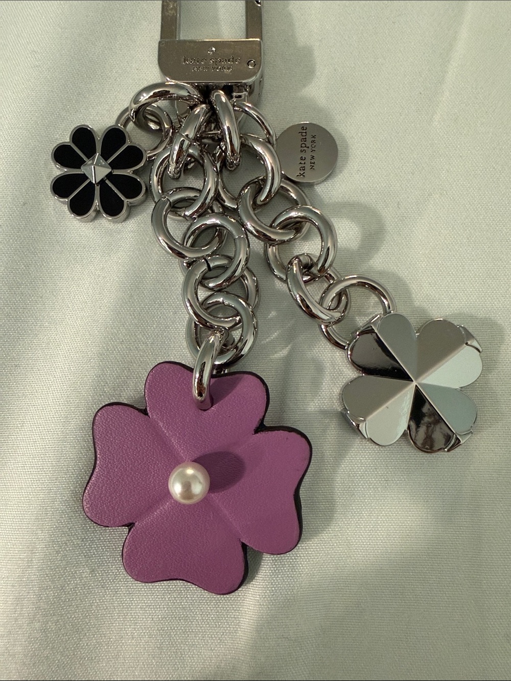 Kate Spade Flower Dangle Bag Charm Keychain Wisteria Purple Silver - Picture 2 of 8